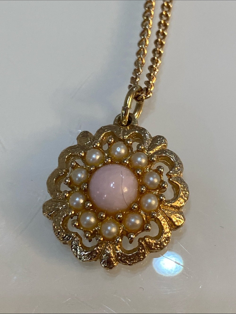 Sarah Coventry Gold-Tone Floral Pendant Necklace with Pink Cabochon